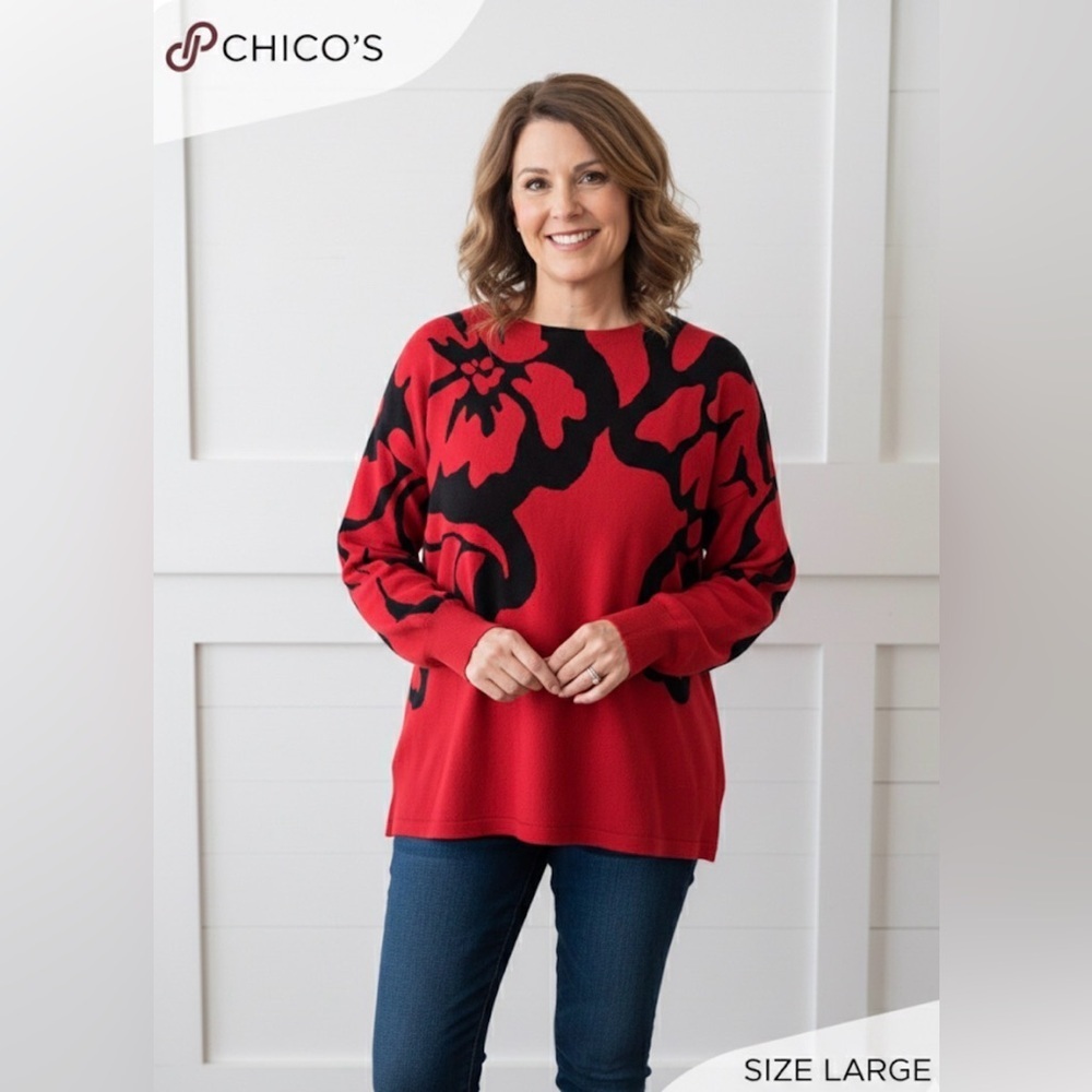 Chico's Vibrant Pullover Sweater - Red with Black Floral Design - Large
